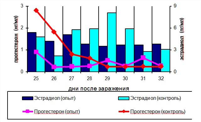 Рис. 2. Концентрация прогестерона и эстрадиола в крови контрольных и опытных овцематок с отсутствием течки